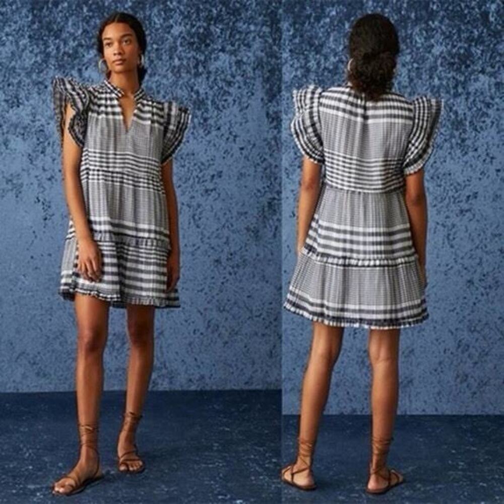 Marie Oliver Tiered Bay Organdy Check Plaid White‎ Mini Babydoll Dress